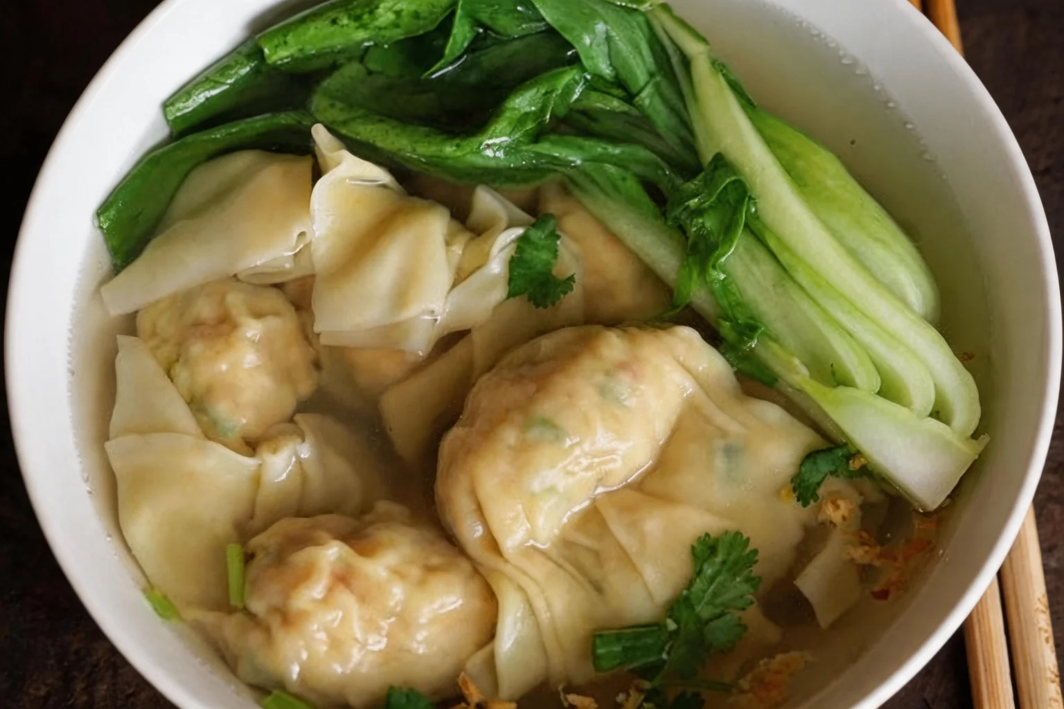 E8 Prawn dumpling soup in a white bowl, wooden chopsticks