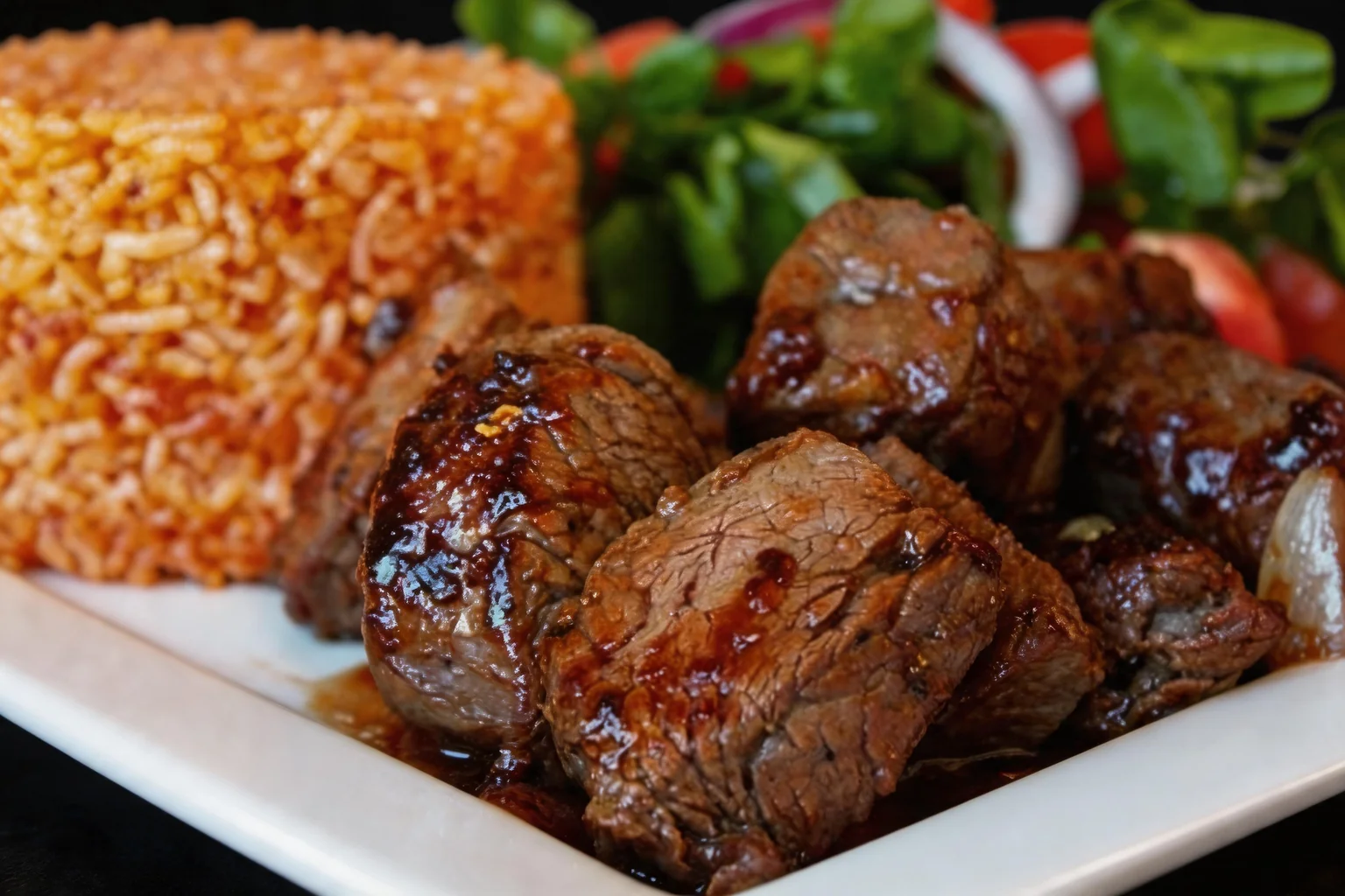 S4 Beef Lok-Lak, rice and salad on a white plate